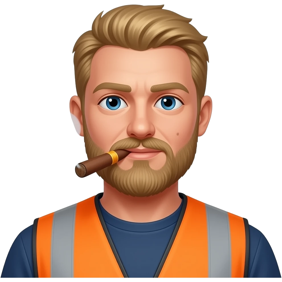 Big Blonde hair Guy with a beard and mole on cheek , smoking a cigar Wearing a construction vest emoji