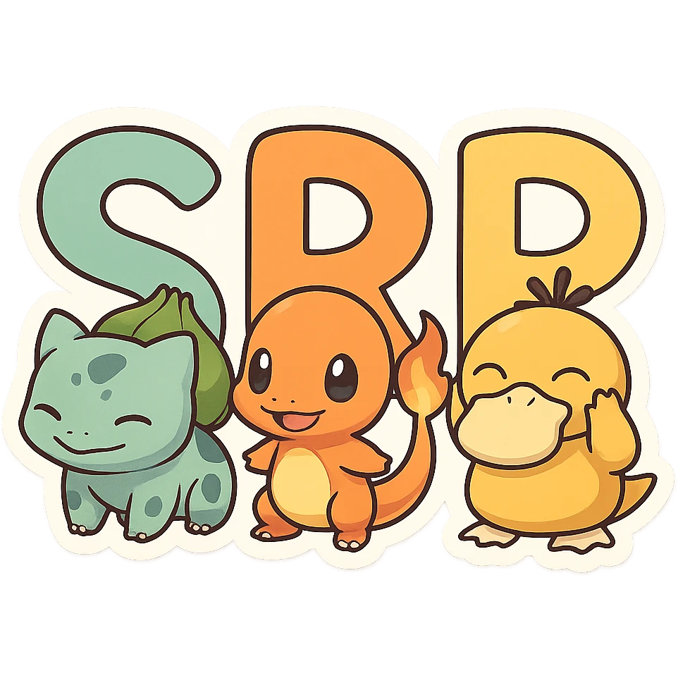 The letters SRP together, each letter made from different Pokémon characters, vibrant and fun, playful and colorful style emoji