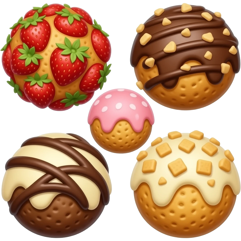 biscuit balls with strawberry/chocolate/vanilla topping + crumbs topping emoji