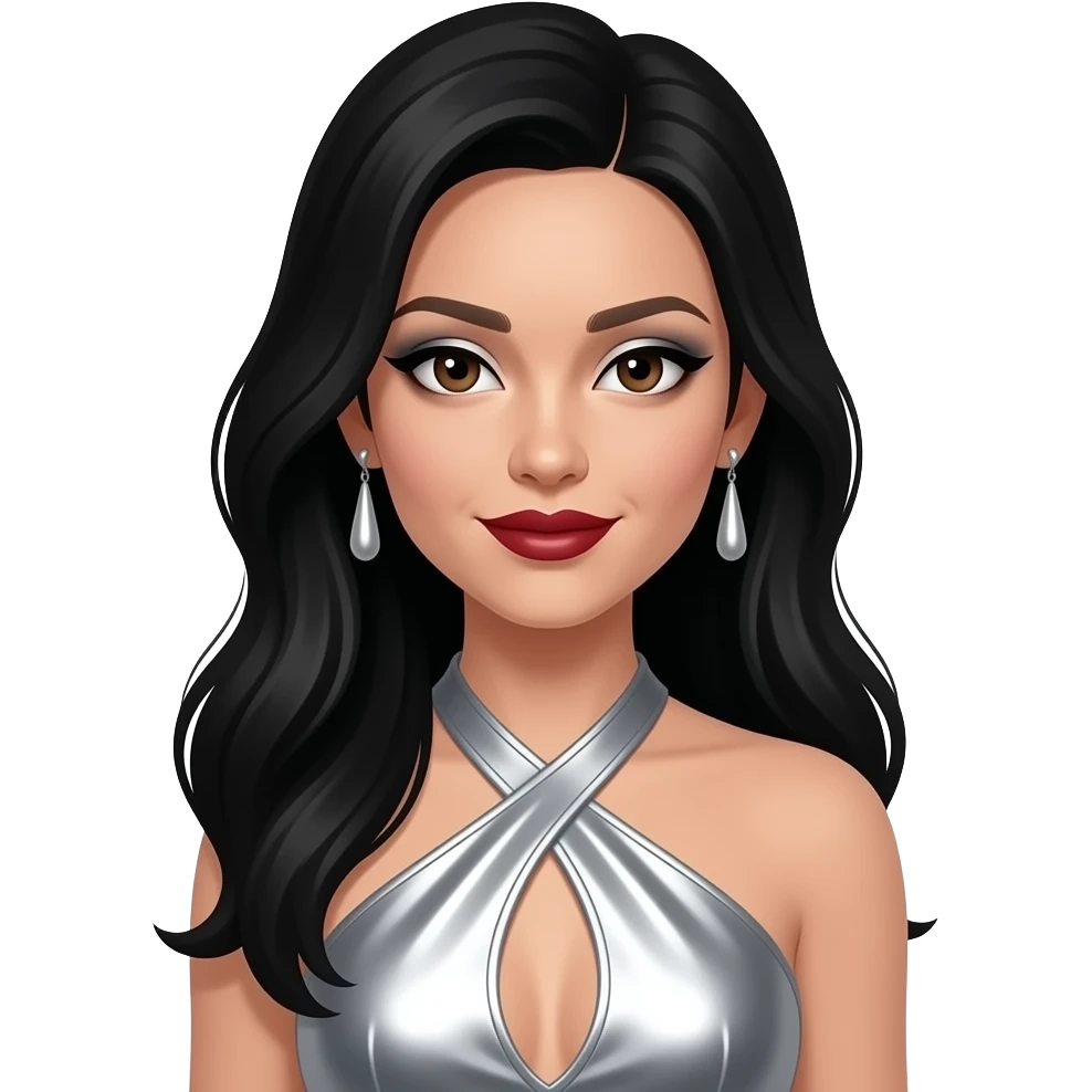 Dawn Richards from dark brown eyes, long black hair, silver eyeshadow, dark red lipstick, silver metallic halter dress, silver earrings emoji
