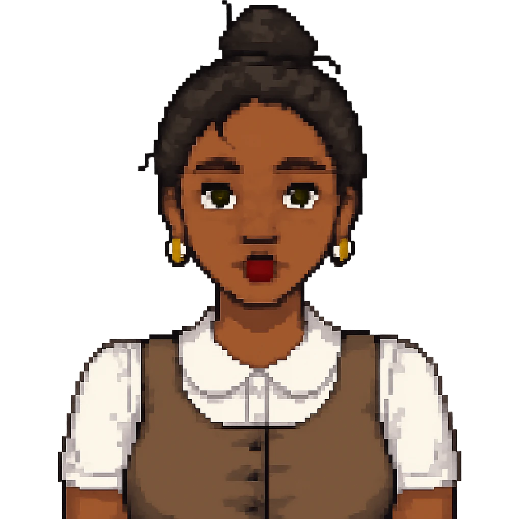 Make her skin color darker and ensure she has only one bun in her messy black hair, keep the style and all other features the same, with no background. Maintain the original style and details faithfully. emoji