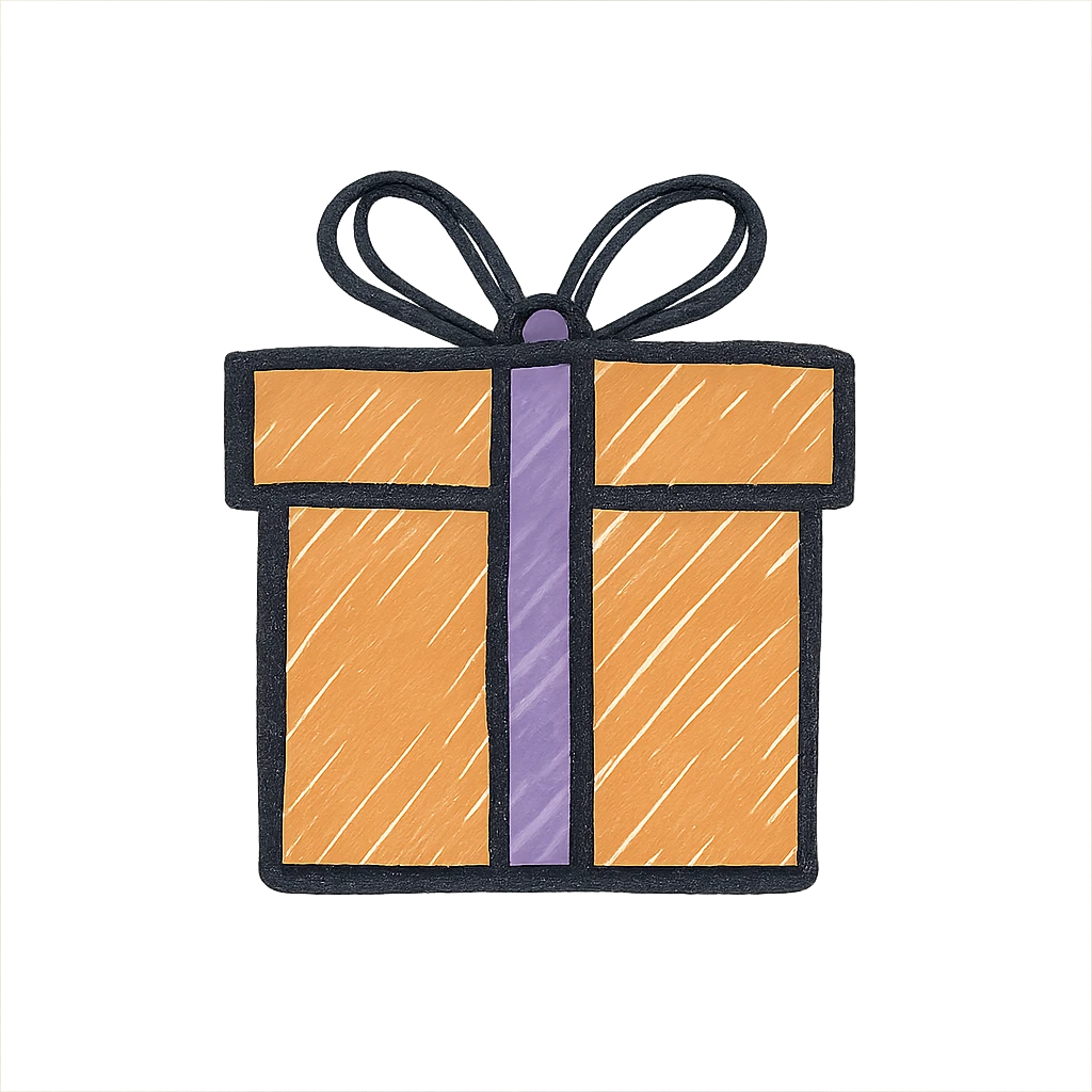 An orange gift box with a purple ribbon emoji