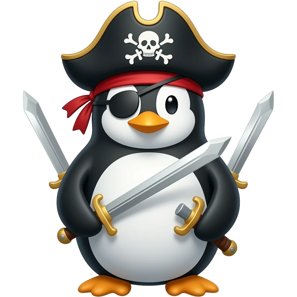 Fais-moi un 🐧 avec un chapeau de pirate et trois sabres emoji