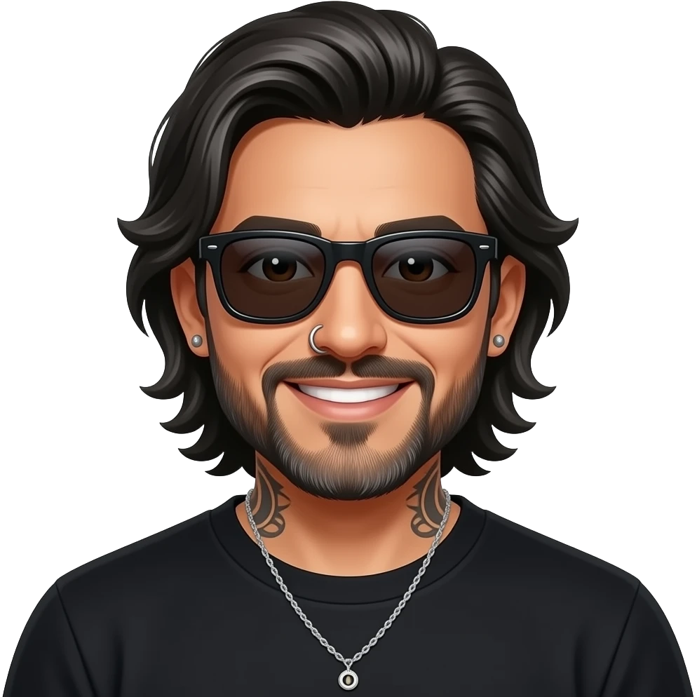 The handsome manly Latino podcast host with medium length hair, a long slightly graying beard and tattoos with his ears pierced 1 time each ear and a nose ring on the right side, dark brown eyes, wearing black, dark sunglasses, and jewelry, happy emoji
