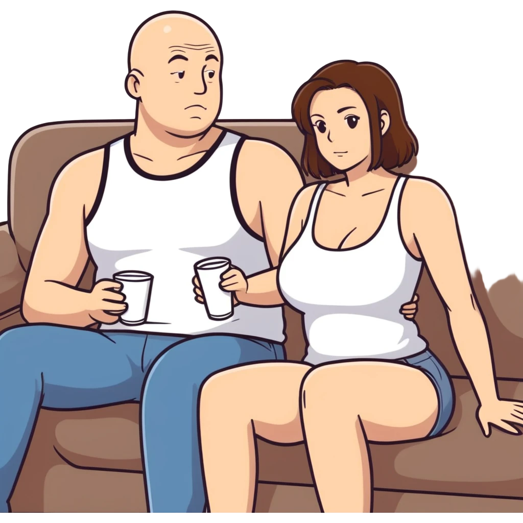  One Caucasia woman with brown hair and big boobs,  a tank top with white fluid on breasts sitting on couch with bald man emoji