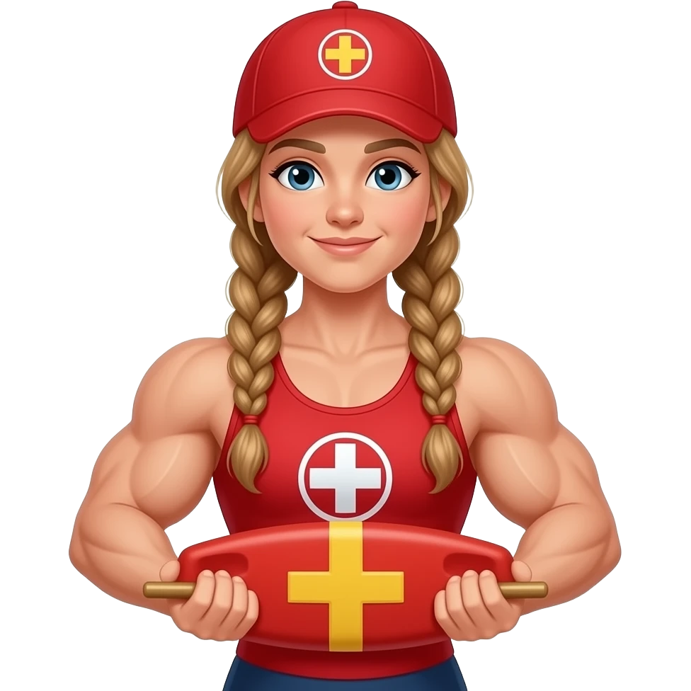 a girl with two sided braid holding a muscular lifeguards in hands emoji