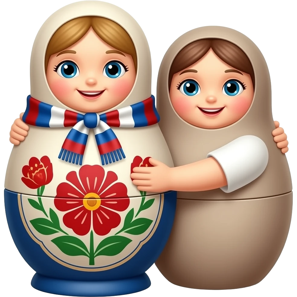 Two nesting dolls (matryoshkas) hugging each other. One has a Russian scarf with traditional red floral pattern, the other has a neutral simple dress. Both are smiling warmly. Simple flat vector, round emoji style, bright pastel colors, friendly, no shadows. emoji