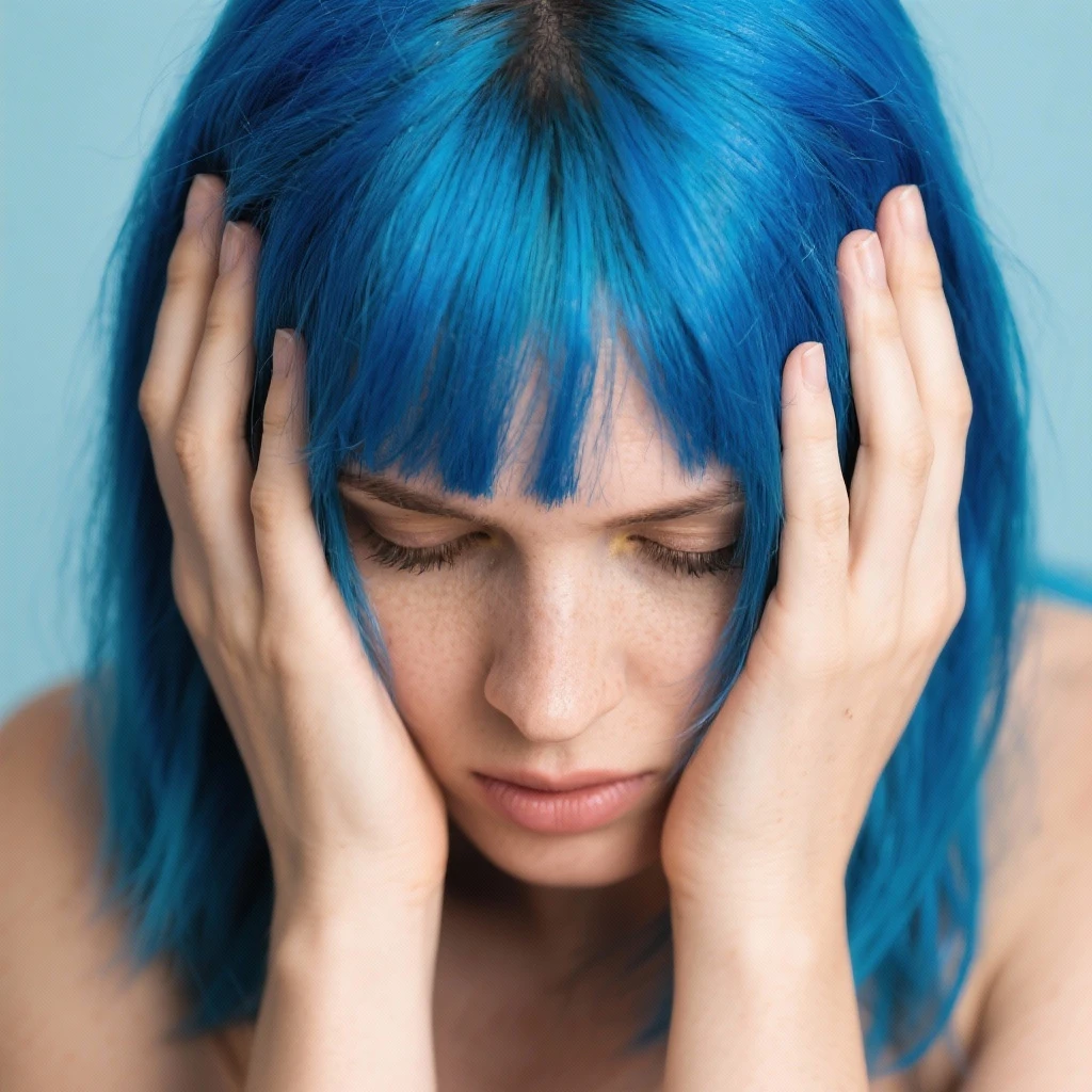 Woman with blue hair with her head in her hands emoji