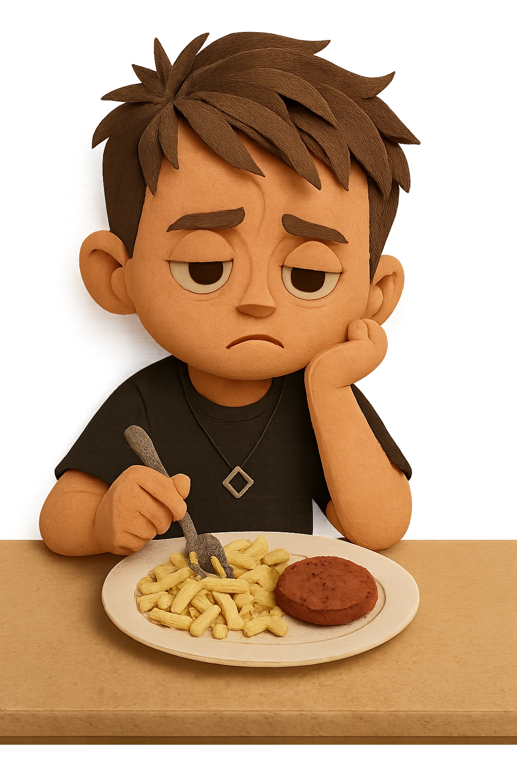 A stylized 3D child version of the person in the reference photo, around 6 years old, is sitting at a table. He looks bored, staring at a plate of macaroni and a meat patty, absentmindedly poking the macaroni with a fork. Keep the pose relaxed and the expression subtly disinterested. The style should be semi-realistic 3D, soft lighting, clean detail emoji