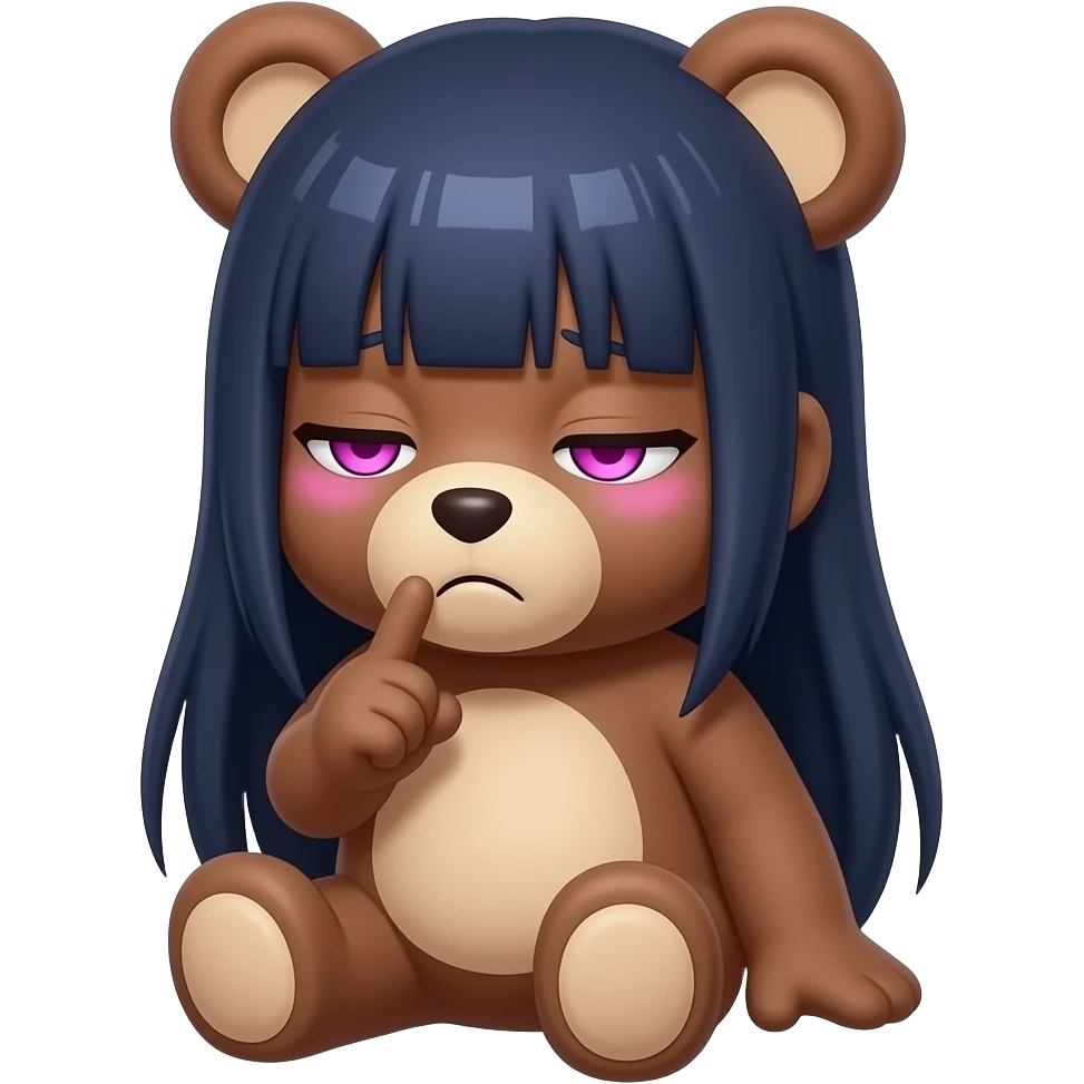 A brown teddy bear half body giving look like shy hinata from naruto sideways looking male bear, he shy and looking down. He is also touching his index fingure  and pink glow under eyes just like an anime character emoji