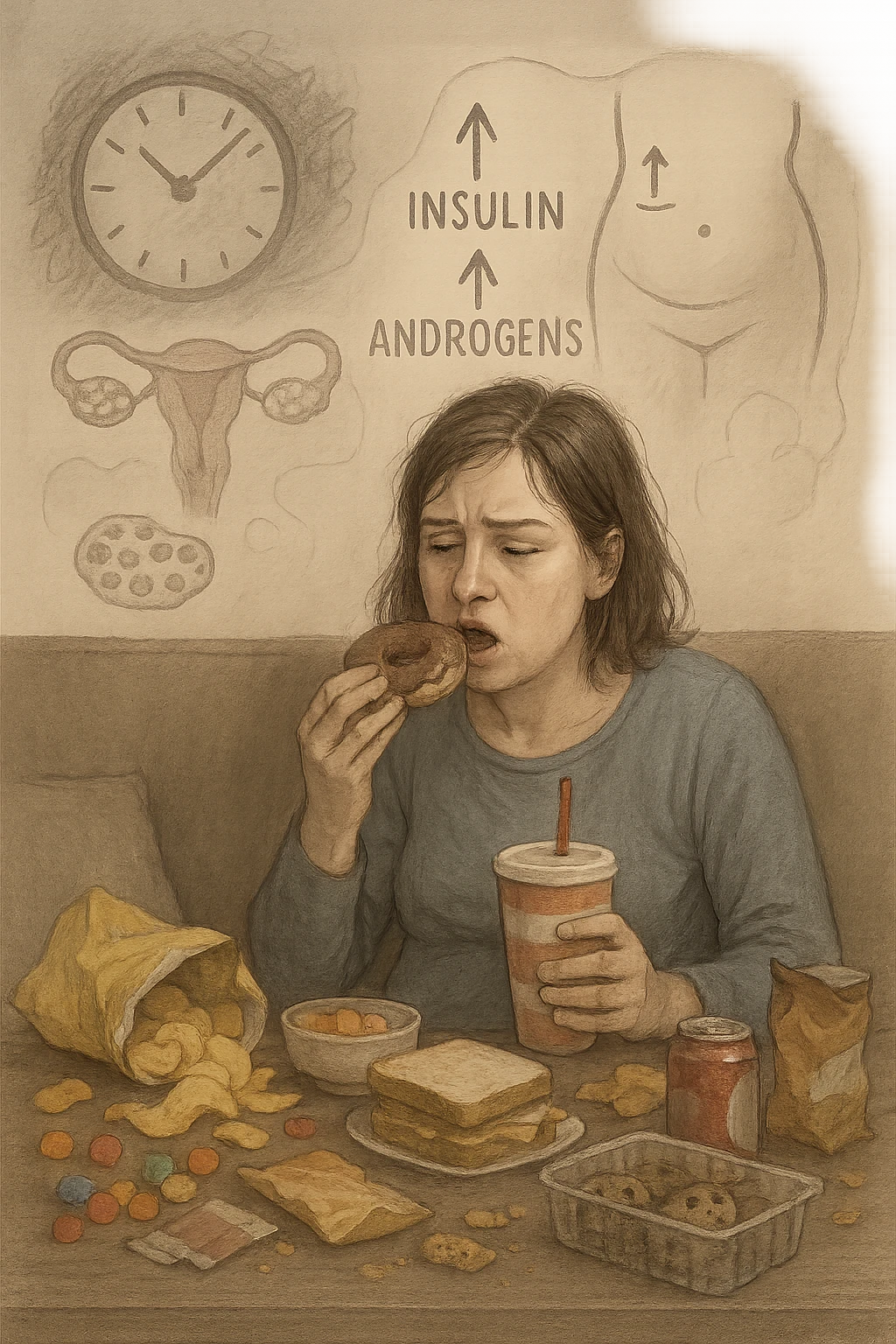 Donna tra i 25 e i 35 anni seduta sul divano o a un tavolo disordinato, circondata da cibi sparsi e poco sani: patatine, dolci, pane bianco, snack confezionati, bibite. Mangiando di fretta, ha un’espressione stanca e frustrata. Intorno a lei, in trasparenza o come illustrazione simbolica, si vedono gli effetti della PCOS peggiorata: ovaie con cisti multiple, squilibrio ormonale (↑ insulina, ↑ androgeni), gonfiore addominale. Sullo sfondo, orologio che corre o caos visivo che comunica disorganizzazione alimentare. Colori spenti e atmosfera stanca. Stile realistico con elementi simbolici e informativi. emoji