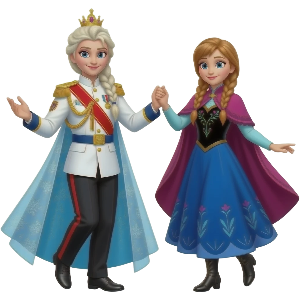 Sister Elsa and sister Anna from disney frozen movie are same wearing gold tiara white military tunic arm badge shoulder cord medal red sash blue belt black trouser with both side red stripe white shoes and they both dancing in sunset rain of city emoji
