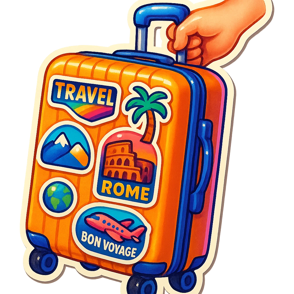 ribbed suitcase with wheels and handle, decorated with various colorful travel stickers, shown semi-sideways or in a hand, retro sticker style with color, clear thick contours, sharp shadows and highlights, no gradient blending emoji