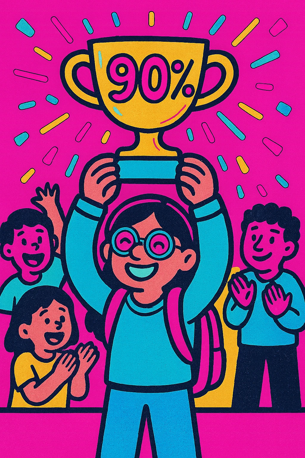 Change the student to a female student, keep the trophy with '90%' on it, classmates clapping, colorful and energetic. emoji