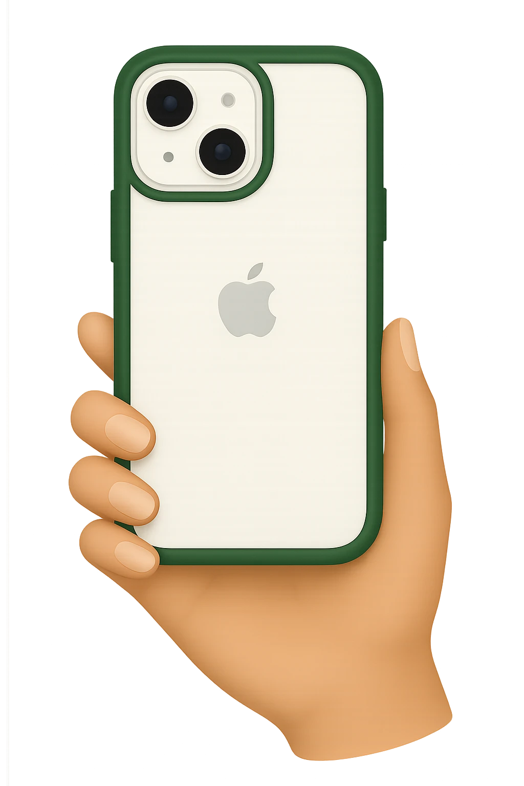 Modern minimalist style image of a white iPhone with a dark green case, viewed from the back, held by a female hand with nude manicure, in emoji style, no emojis included. emoji