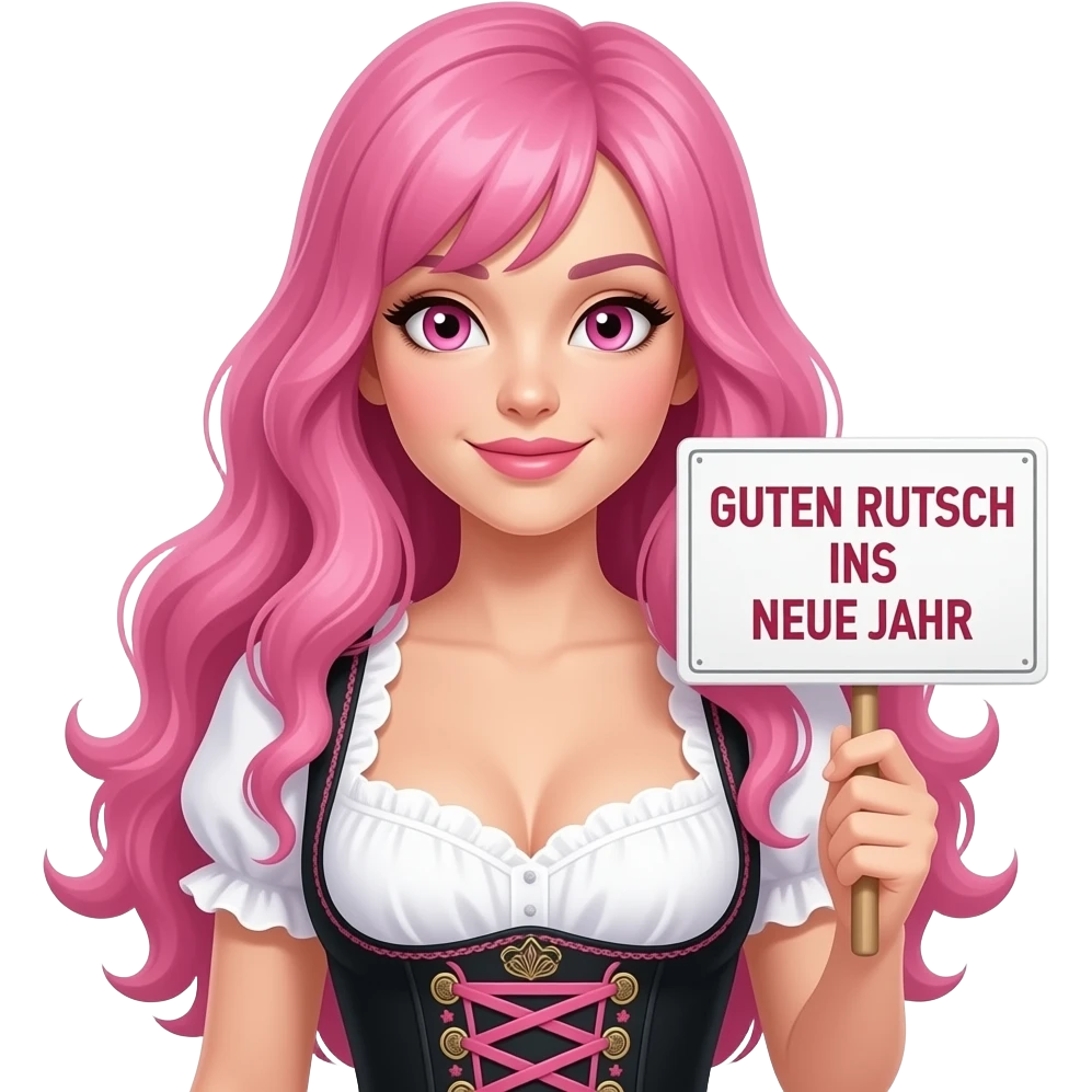 sexy girl with long pink hair and pink eyes wearing a dirndl holding a GUTEN RUTSCH INS NEUE JAHR sign emoji