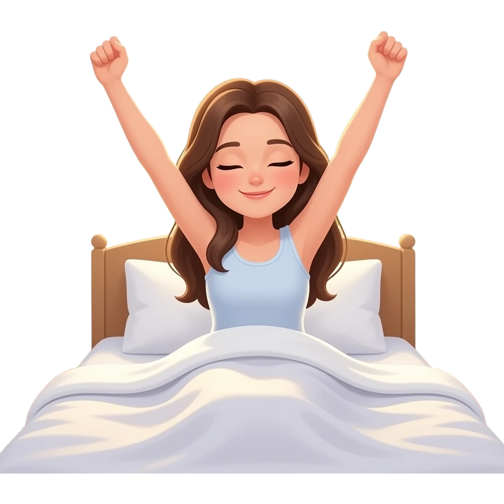 girl wakes aup in the morning, she is in bed stretching her arms, there is clock near her that shows 7 o'clock, sun behind her in the window emoji