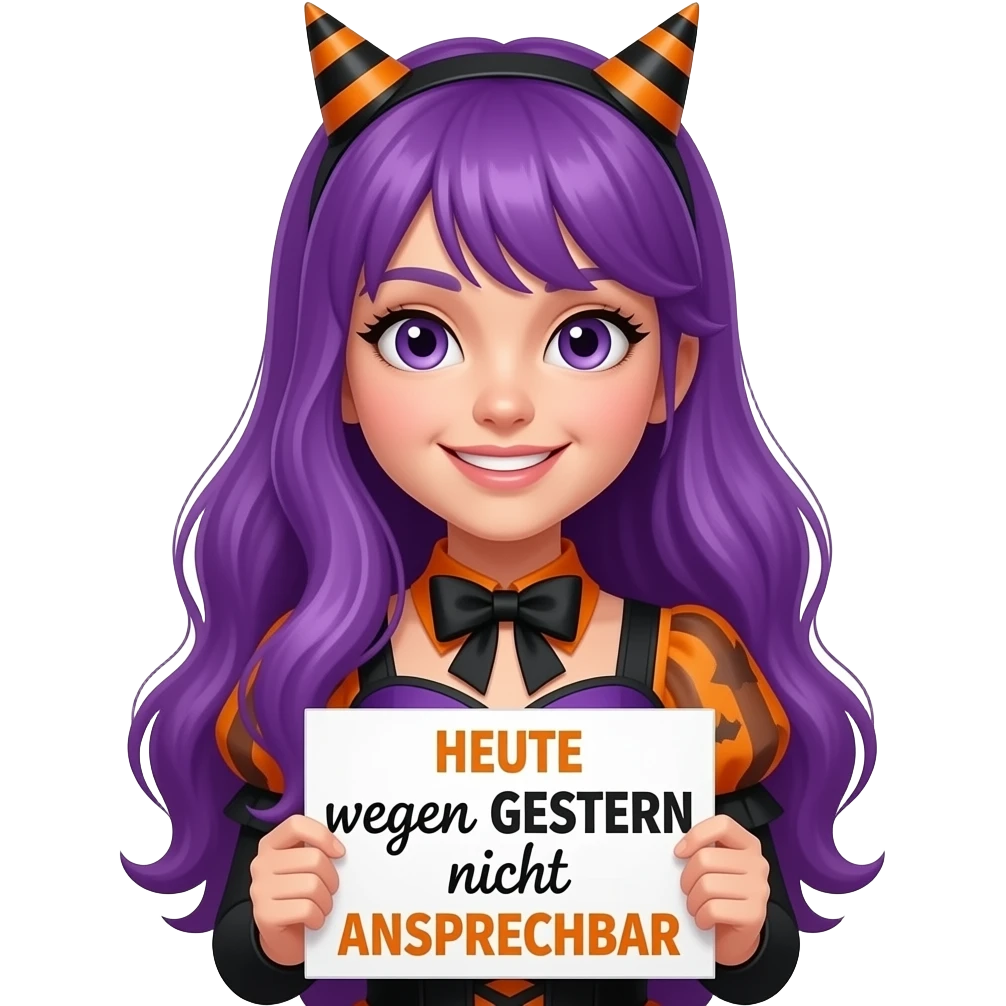 girl with long purple hair wearing a halloween costume holding a HEUTE wegen GESTERN nicht ANSPRECHBAR sign emoji