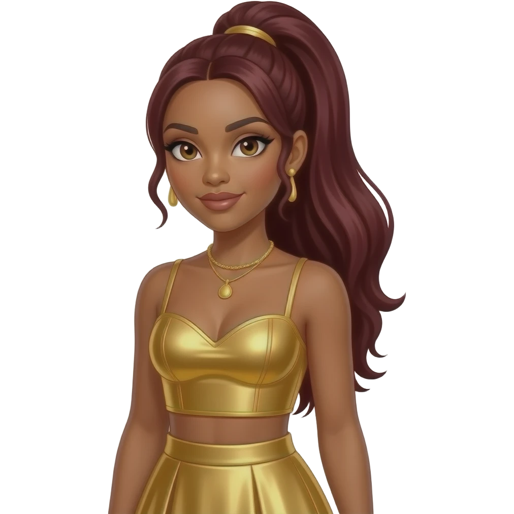 LaTavia Roberson from Destiny's Child with brown eyes, long dark red high ponytail hair, gold metallic sweetheart crop top, gold metallic long skirt, necklace and earrings emoji
