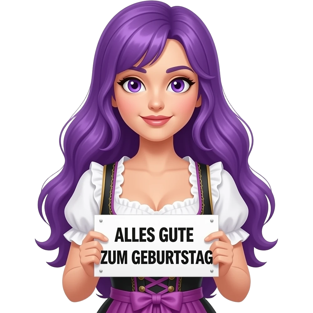 sexy girl with long purple hair and purple eyes wearing a dirndl holding a ALLES GUTE ZUM GEBURTSTAG sign emoji