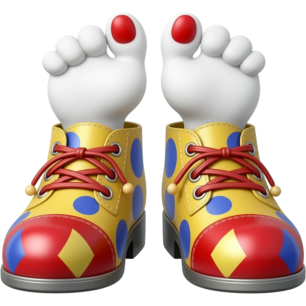 White toes with red toenails stick out of clown shoes emoji