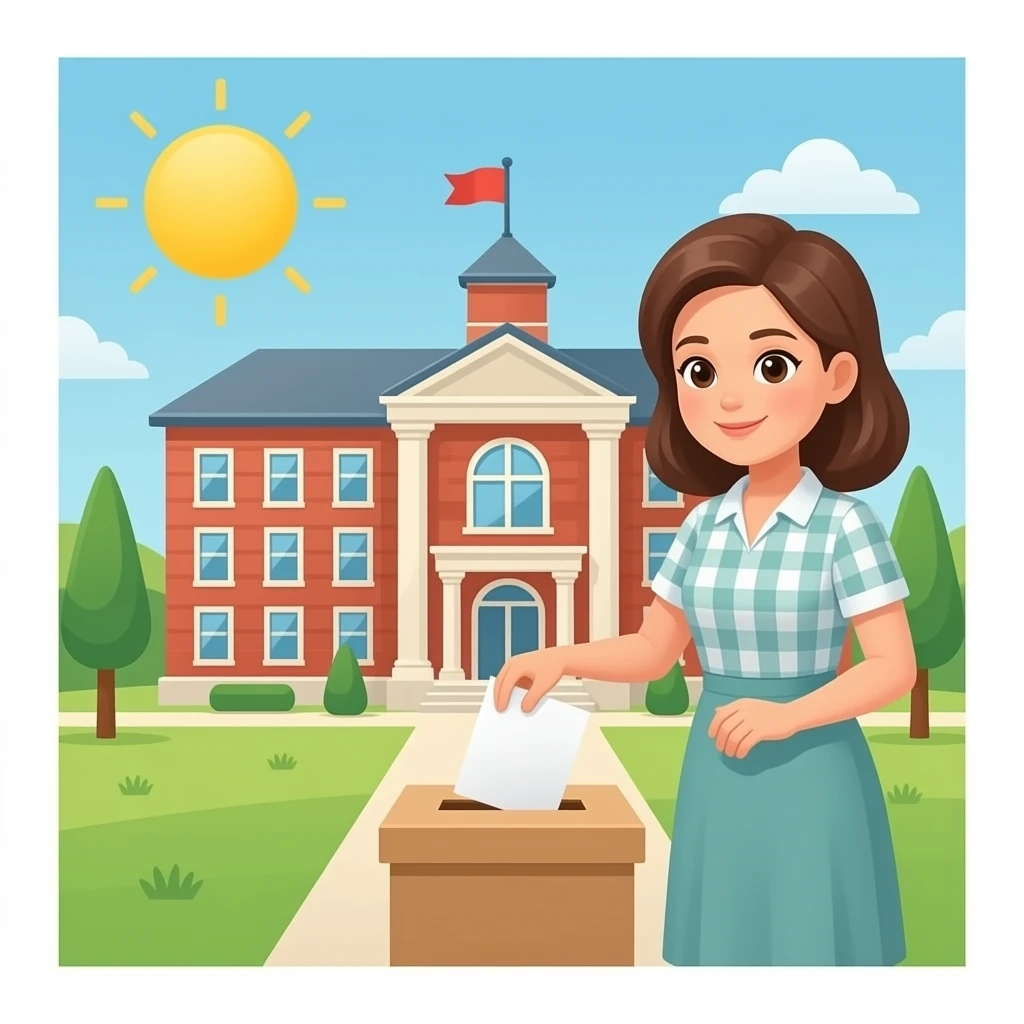 Split image: on one side, a woman's hand placing a ballot in a box; on the other side, a simple school building with a bright sun behind it. Minimalist 1930s graphic style, clean lines. emoji