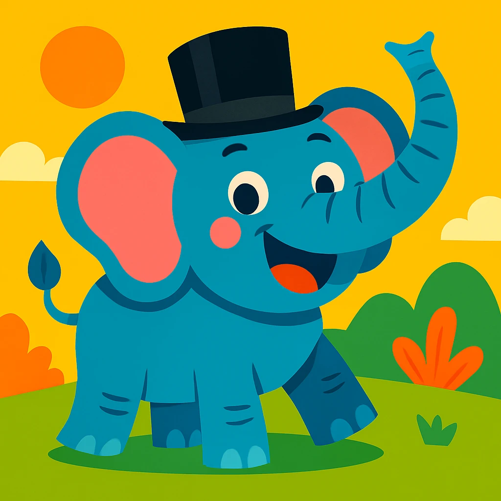 Add a fun top hat to the joyful elephant, keeping the vibrant cartoon style. emoji