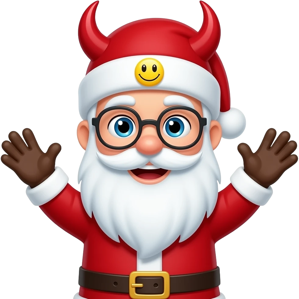 🧑‍🎄gloves blue eyes but with red devilshorns throughly the hat with yellow smiling face and open arms like that 🤗and without glasses and overlipbeard!!! emoji