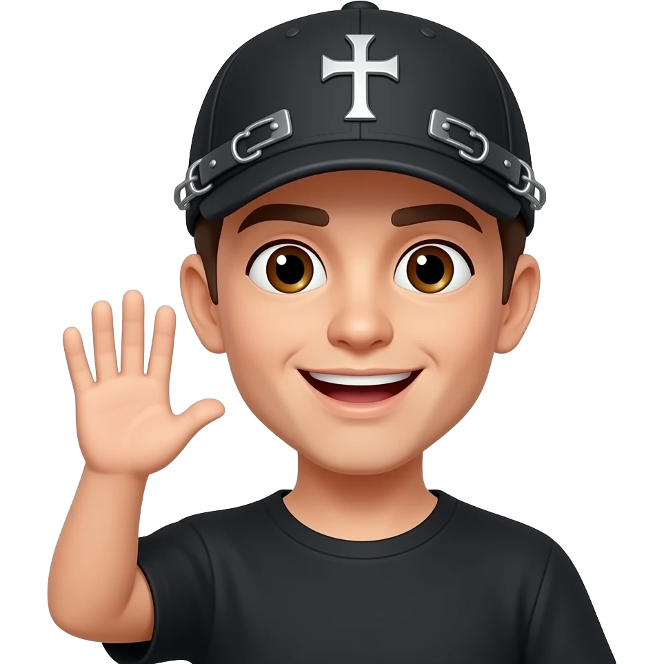 Brown eyes, rock cap metal clips on the cap, rock cross on the cap , black teeshirt, saying hi, no ratio, no chain, short hair emoji