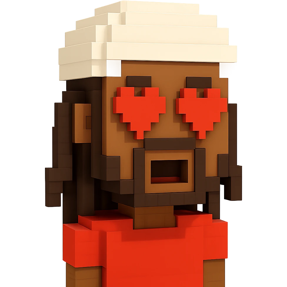 Brownskin man with long brown dreadlocks 
red t-shirt 
white turban 
expression is in love 
his eyes mouth open  emoji