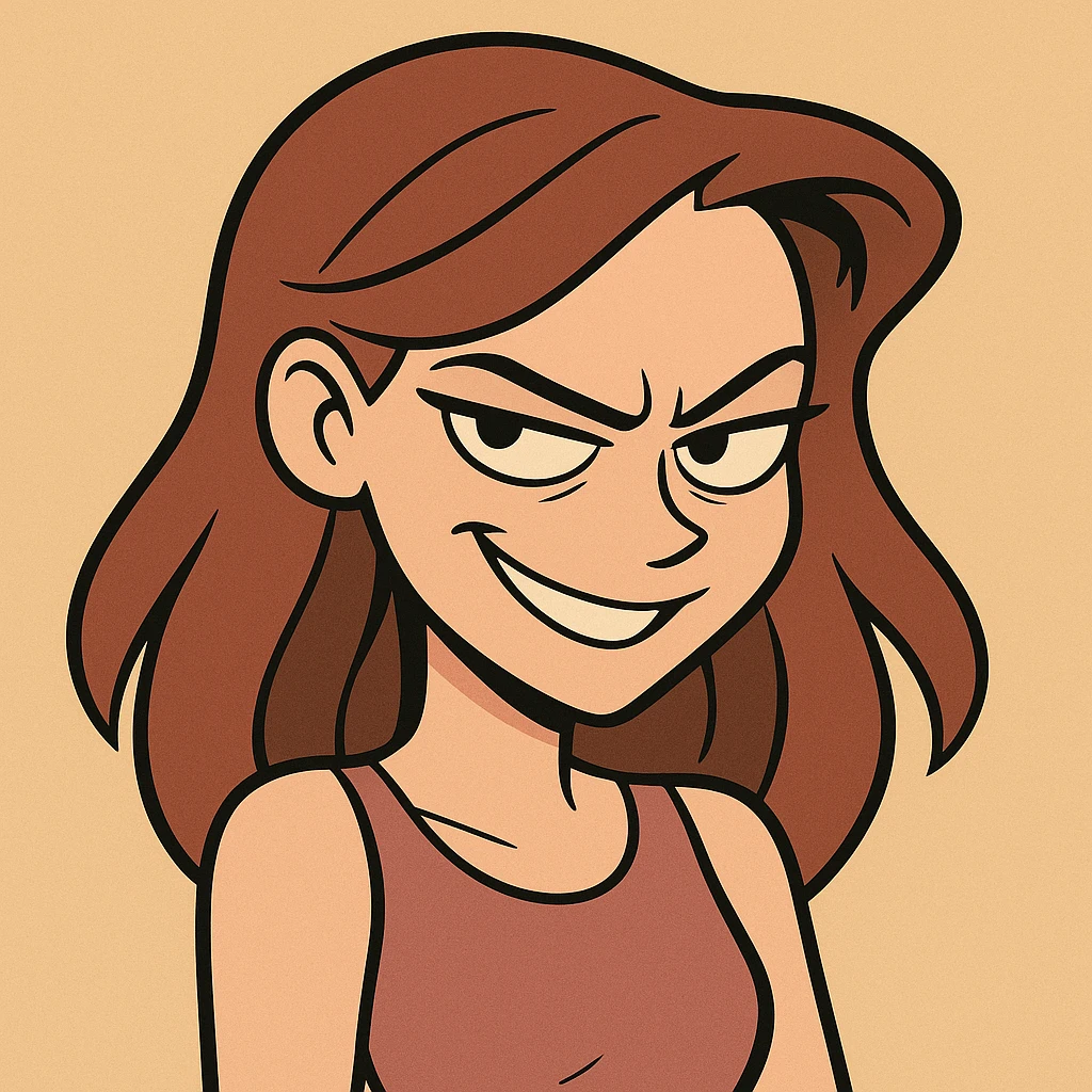 a beautiful girl with a cheeky, cunning smile and piercing eyes, bold cartoon style emoji