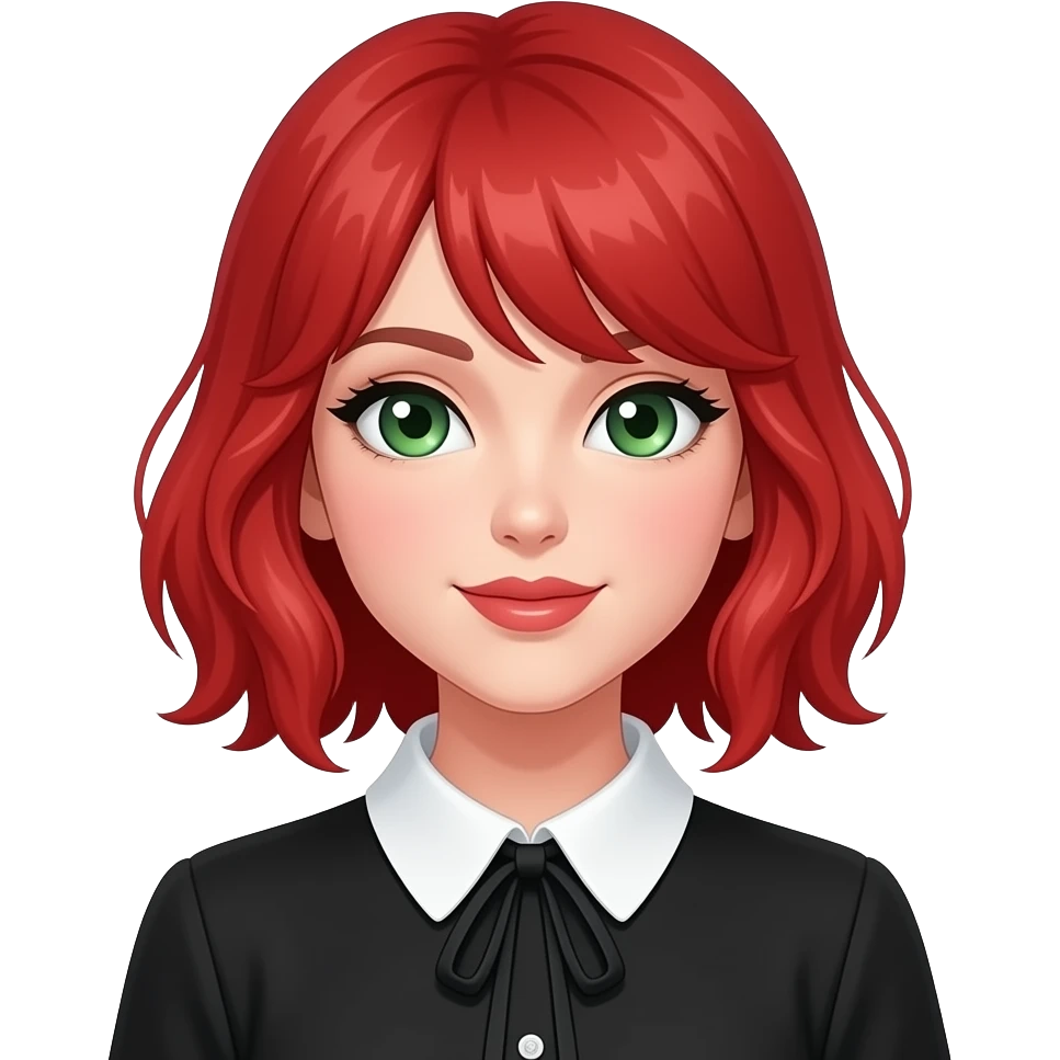anime girl, taylor swift, red hair, green eyes, black blouse with white collar emoji