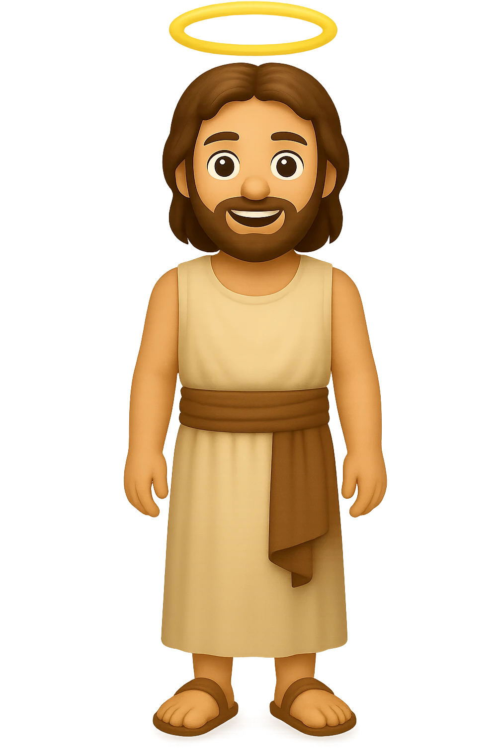 Create a centered full body image of Apostle Peter facing straight, wearing a sleeveless shirt (not shirtless) and plain robes, classic emoji style with lighter colors, expressive face, smiling, halo, no background. emoji