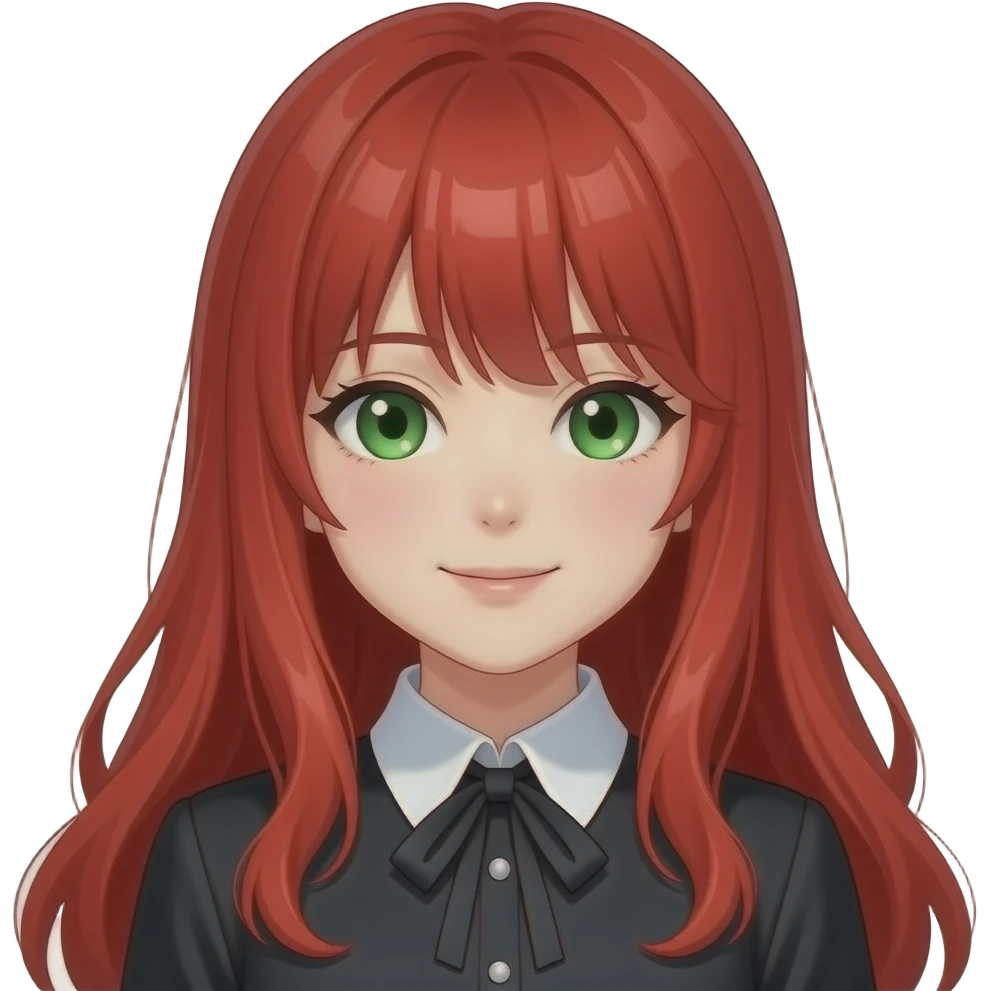 anime girl, fancy, red hair, green eyes, black blouse with white collar emoji