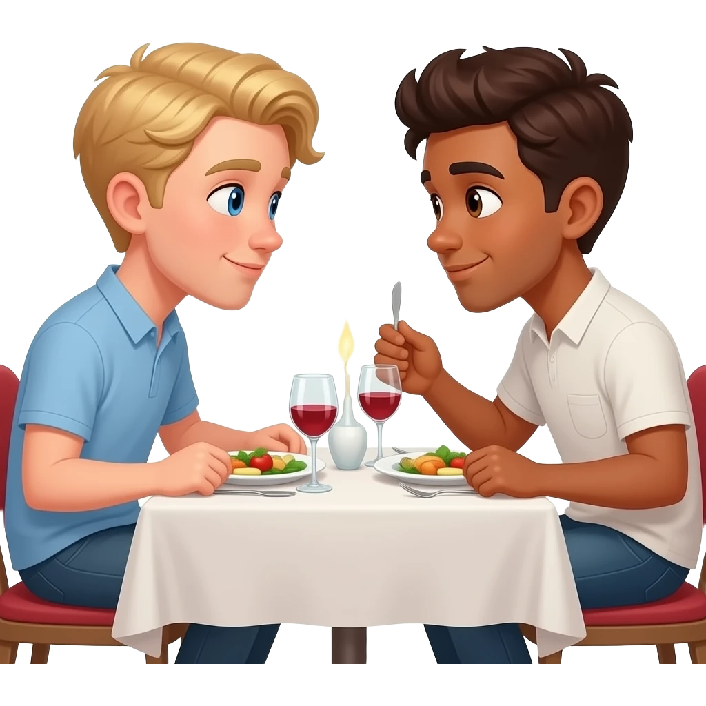 Make a young gay male teen couple on a Date , one has light Skin with Blond Hair and Blue Eyes, the other one has slightly brown skin witz dark Brown Hair and Brown Eyes. They are on a date having dinner. They look at each other in love. emoji