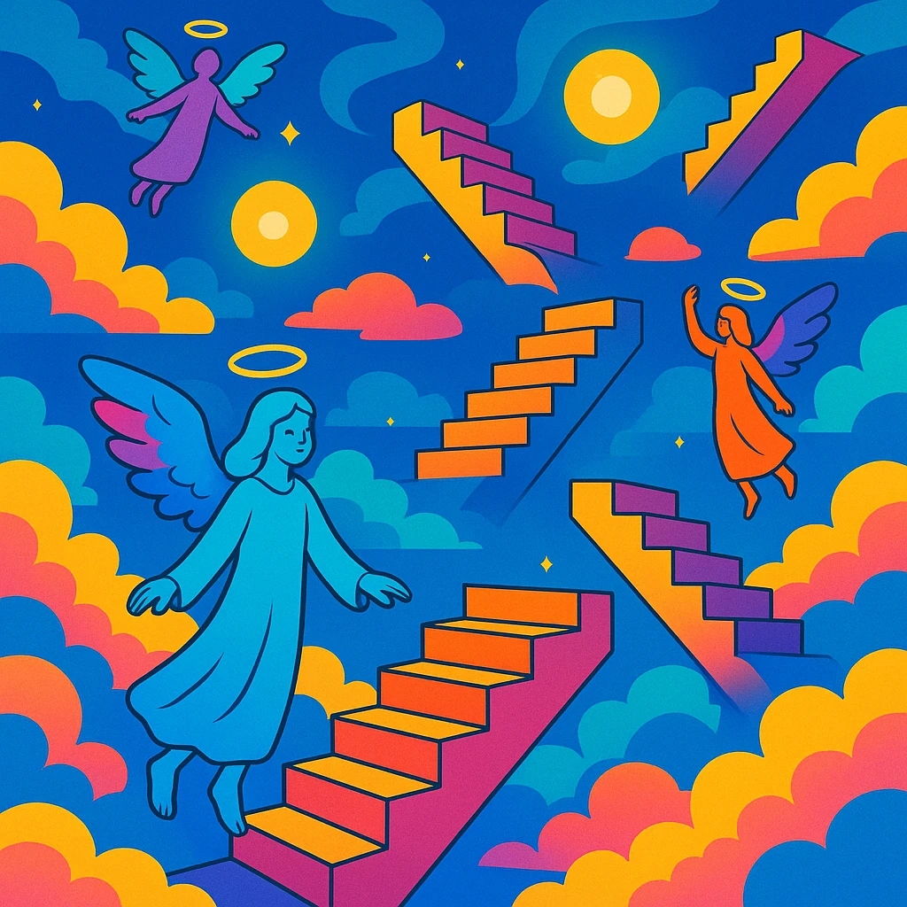 surreal heaven scene with giant staircases leading to nowhere, glowing orbs, ethereal beings, vibrant colorful style emoji