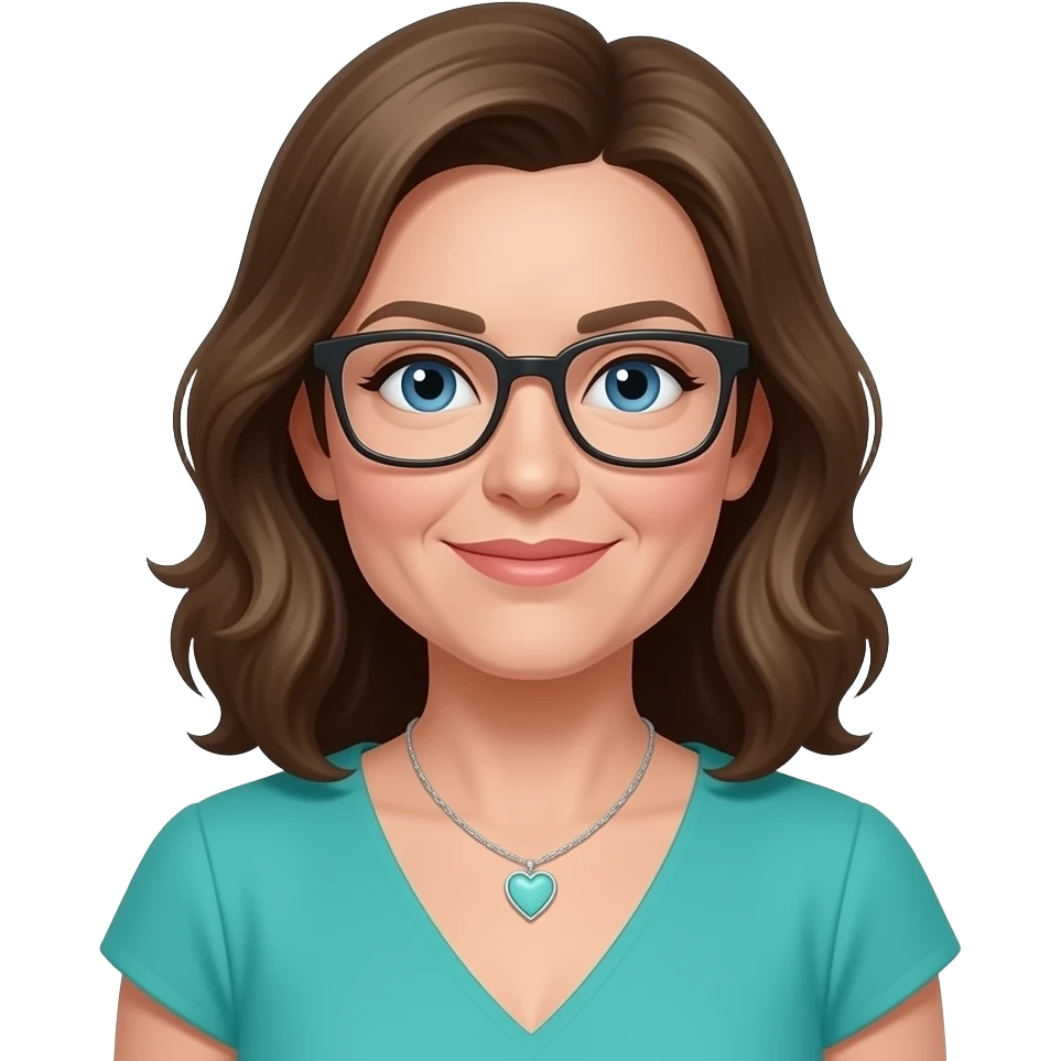 AJM - woman, mid 40's age, dark blonde hair, rectangular glasses, shoulder length wavy hair, tiffany heart necklace,  blue eyes, teal dress, emoji