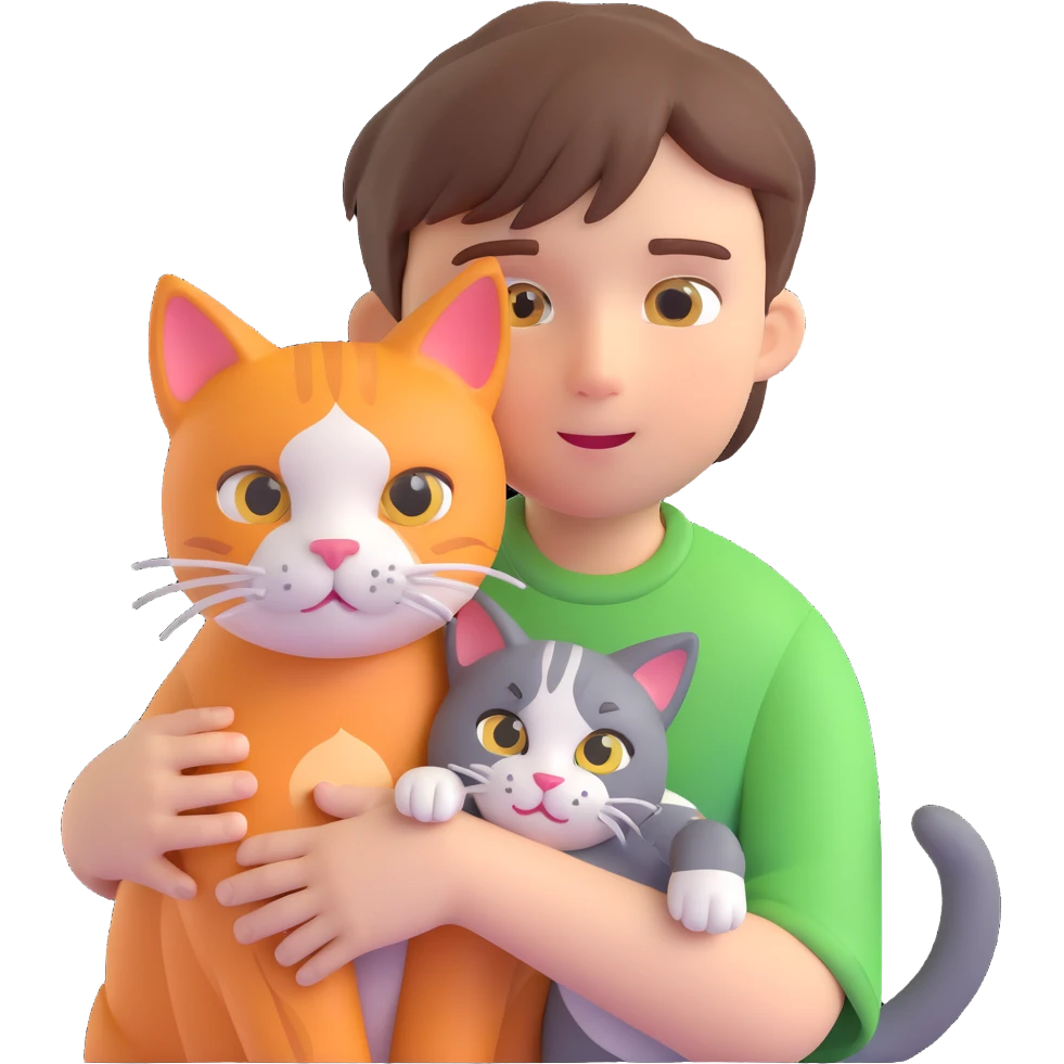 boy and cat pet in forrest background, close up pose emoji