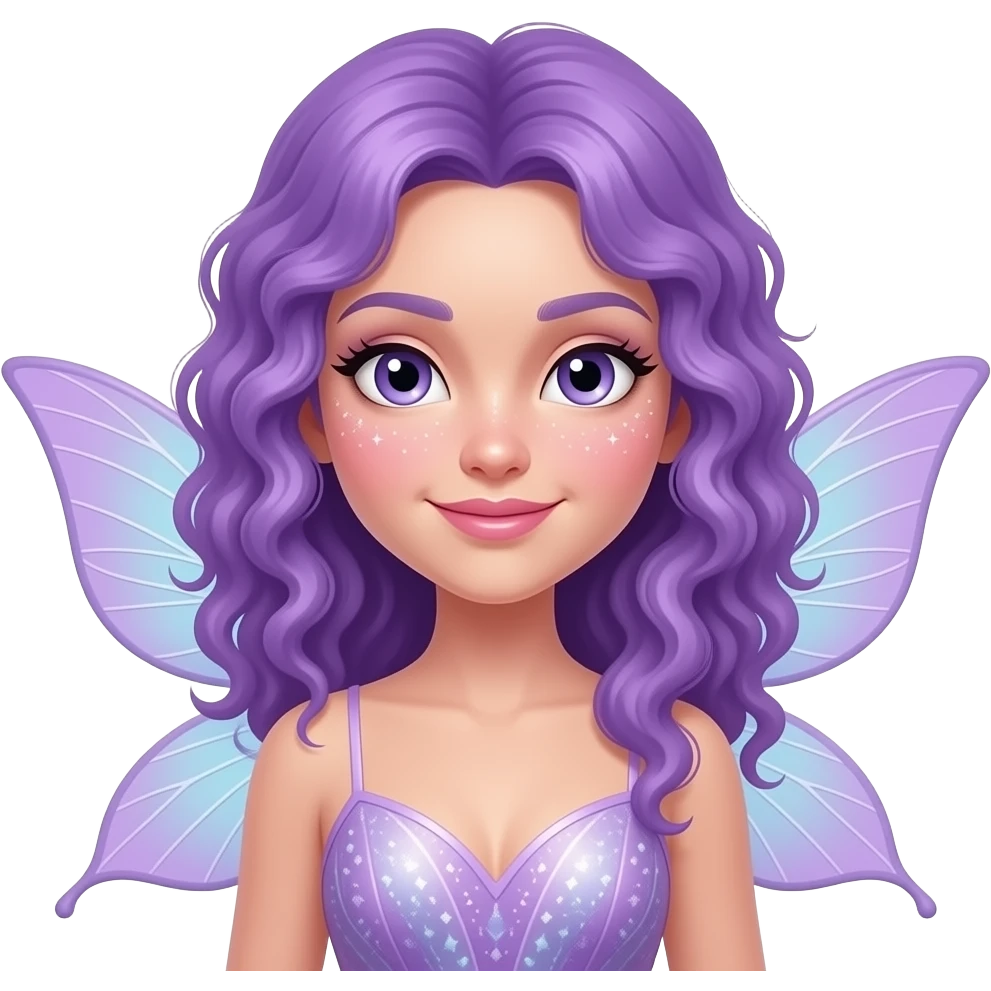 fairy sparkles face with purple curly hair and fairy wings sticking out emoji