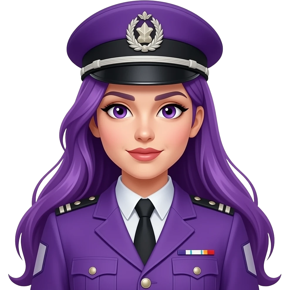 sexy girl with long purple hair wears a purple soldieruniform emoji