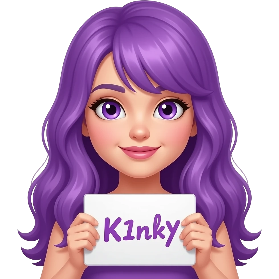 sexy girl with long purple hair and purple eyes holding a CUTE but KINKY sign emoji