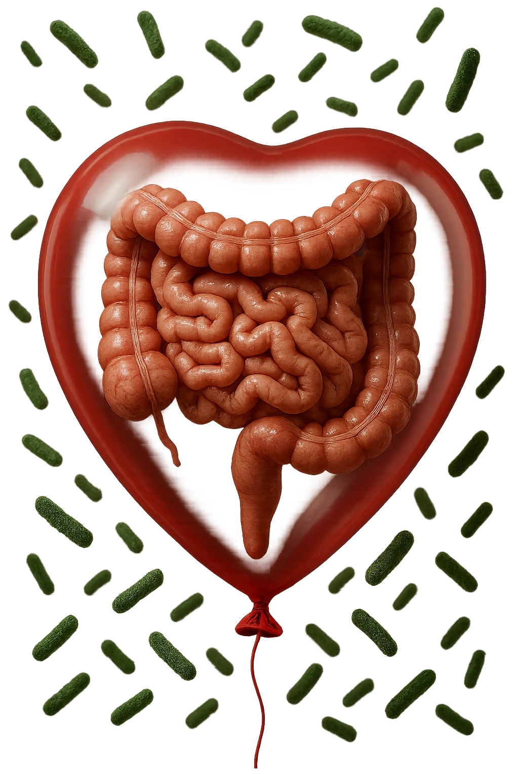 intestino umano anatomico chiuso in un palloncino rosso con batteri intestinali che fluttuano intorno, iperrealistico 4k emoji