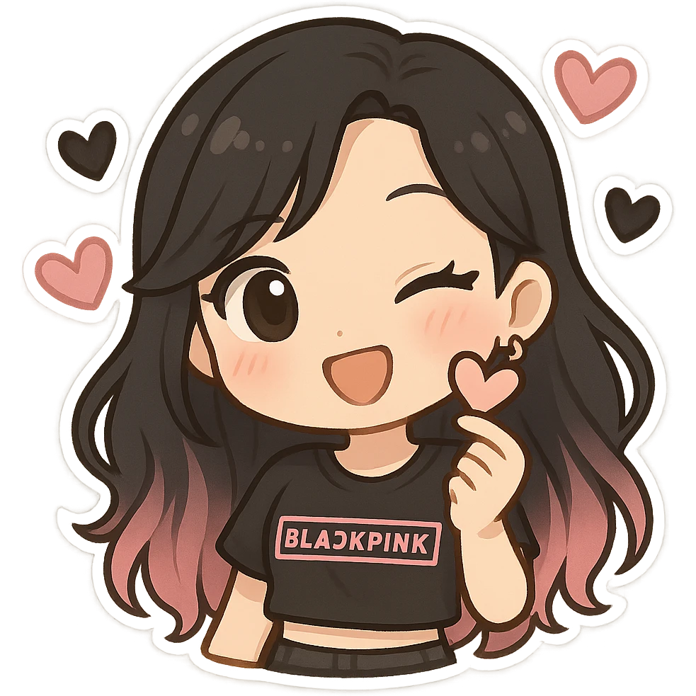 BLACKPINK-inspired chibi sticker, black and pink heart, cute and expressive, chibi style emoji