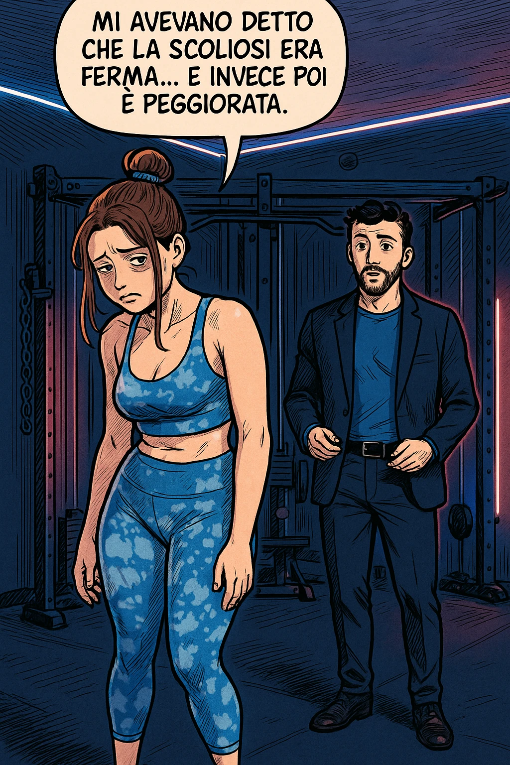 fai questa immagine in versione fumetto/manga/webtoon a colori, il manga mostra la donna disperata con un fumetto sulla testa che dice:
Mi avevano detto che la scoliosi era ferma… e invece poi è peggiorata.
 emoji