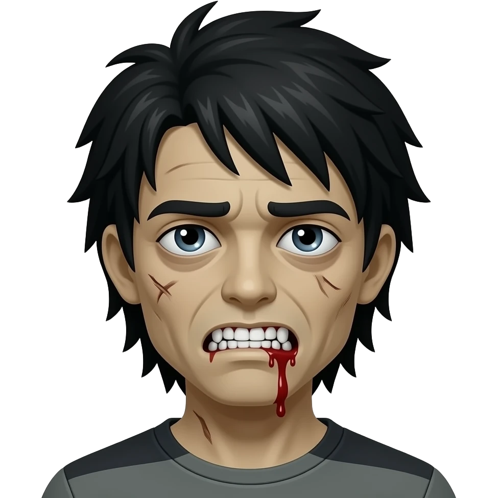 Zombie, Black Hair, white teeth with blood leaking out, minor scar under eye, drowsy eyes, emoji