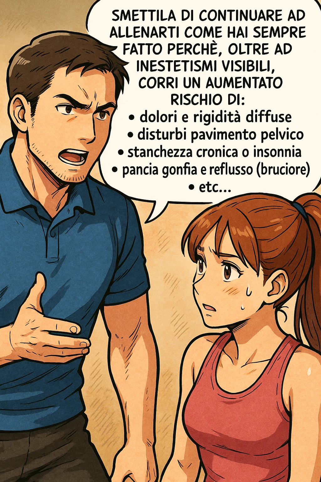 TRASFORMA QUESTO CAROSELLO IN UN FUMETTO STILE MANGA A COLORI CON QUESTE DUE PERSONE IDENTICHE CHE INTERLOQUISCONO TRA LORO:

LUI (UOMO): Smettila di continuare ad allenarti come hai sempre fatto perché, oltre ad inestetismi visibili, corri un aumentato rischio di:
    • dolori e rigidità diffuse
    • disturbi pavimento pelvico
    • stanchezza cronica o insonnia
    • pancia gonfia e reflusso (bruciore)
    • etc… emoji