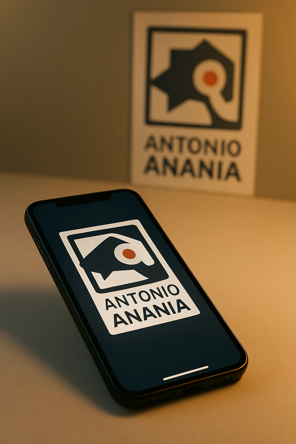 A photo of an iPhone on the desk with the message "Antonio Anania" on its screen, The phone sits atop a desk with a blurred background that suggests work environment. A faint glow from above casts gentle shadows across the surface of each object, creating depth and highlighting their textures emoji