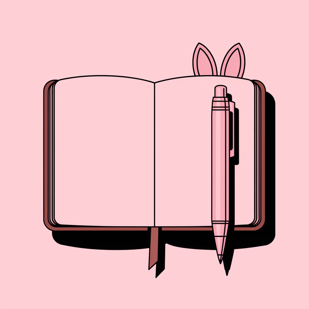 minimalist style open notebook with a simple pen next to it, pen has ears sticking out from its body, transparent background emoji