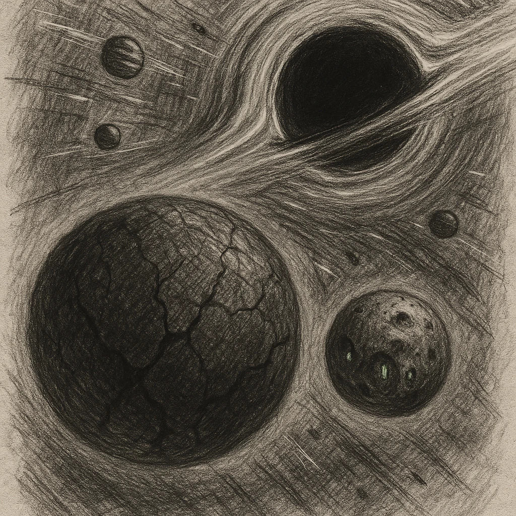 hand drawn map of dark back ward -“A dark cosmic region orbiting a massive black hole. No sunlight. A dead solar system with twisted planets and moons circling in silence. Monde Noir looms in the foreground — a cracked, obsidian planet with no atmosphere. Its moon, Oblieth, floats nearby, scarred and pitted, with faint green lights glowing from within cave openings. Stars are distorted and streaked by gravitational lensing. The entire scene is heavy, quiet, and surreal.” emoji