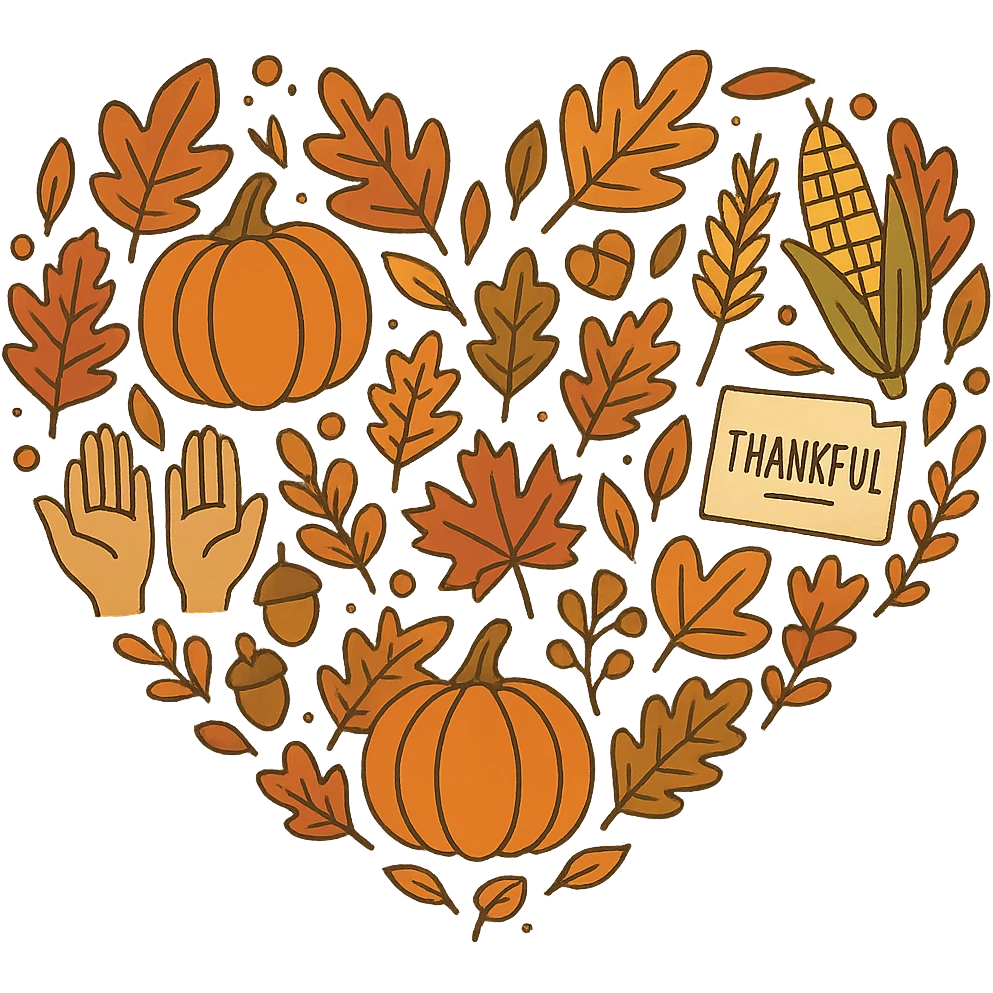 heart with Thanksgiving theme, autumn leaves, pumpkins, warm colors, harvest and gratitude symbols emoji